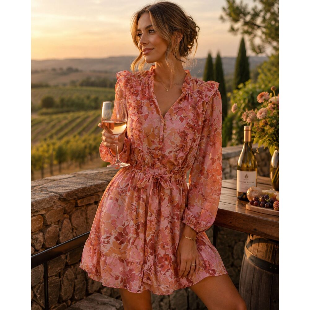 LC Lauren Conrad XL Pink Floral Ruffle Midi Dress Belted Metallic